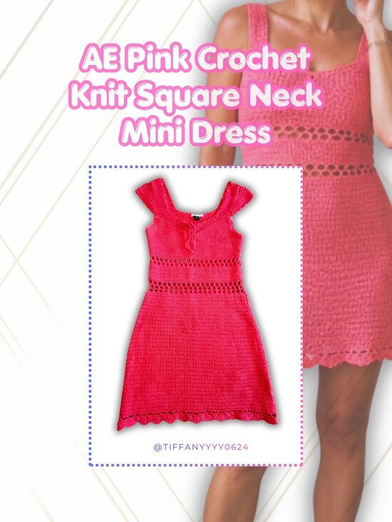 American Eagle Outfitters Dresses & Skirts - 👗 American Eagle Pink Crochet Knit Square Neck Dress・Size M